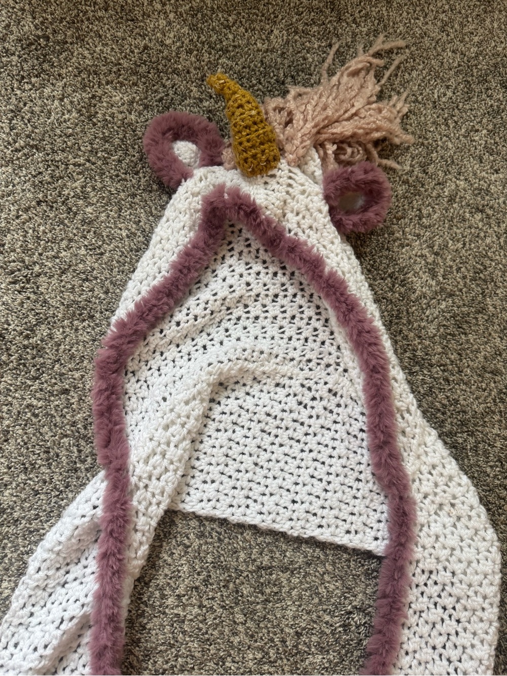 Handmade White Unicorn Hooded Scarf with Dusty Pink Trim
